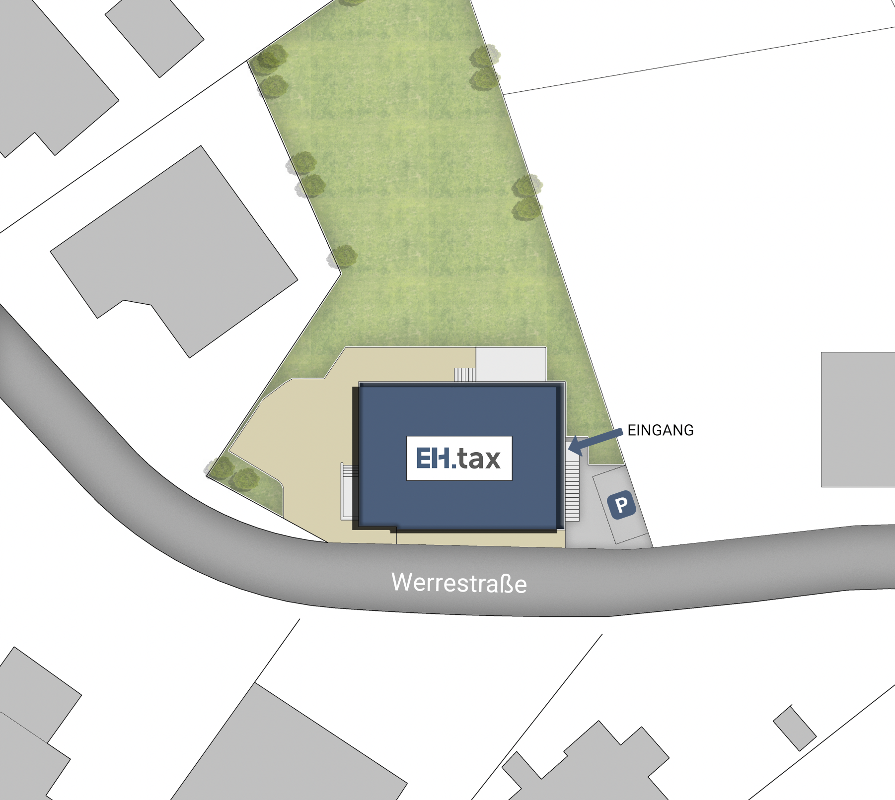 Anfahrtsskizze zum Steuerbüro eh.tax, Werrestraße 20a in Löhne, mit Lage des Mandantenparkplatzes